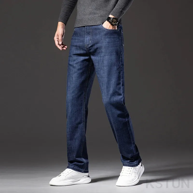 2024 Autumn Men Jeans Classic Business Casual Pants Straight Cut Solid Blue Denim Trousers Full Length Men's Clothing Hombre