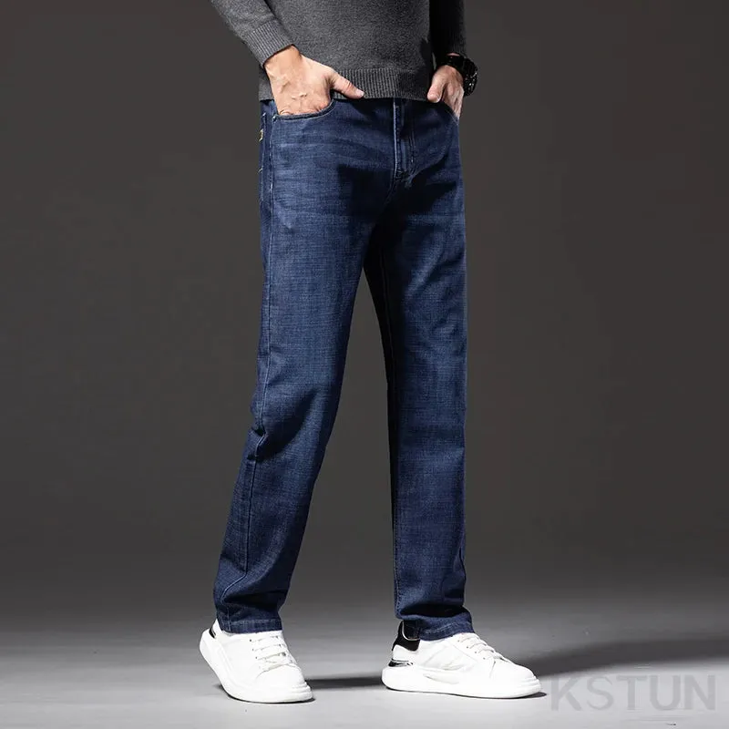 2024 Autumn Men Jeans Classic Business Casual Pants Straight Cut Solid Blue Denim Trousers Full Length Men's Clothing Hombre