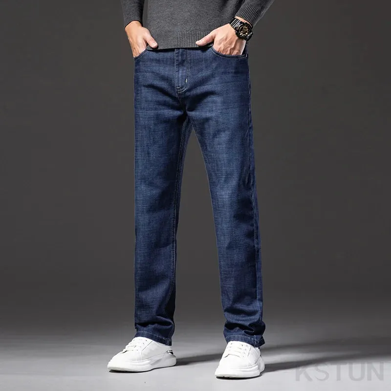 2024 Autumn Men Jeans Classic Business Casual Pants Straight Cut Solid Blue Denim Trousers Full Length Men's Clothing Hombre