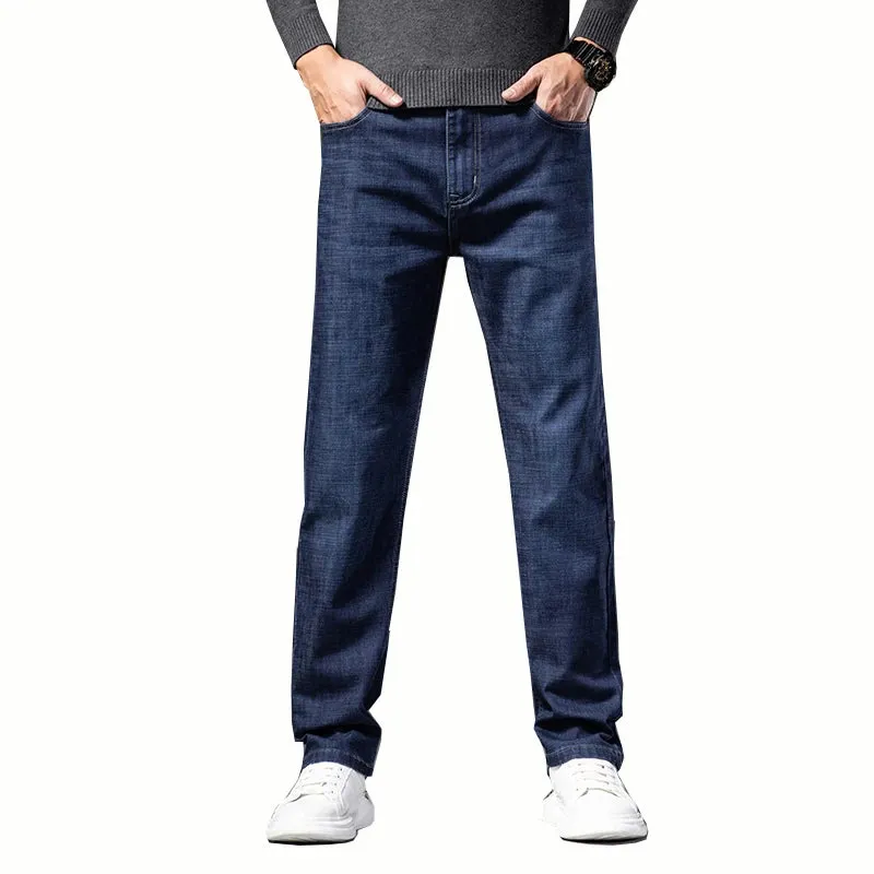 2024 Autumn Men Jeans Classic Business Casual Pants Straight Cut Solid Blue Denim Trousers Full Length Men's Clothing Hombre