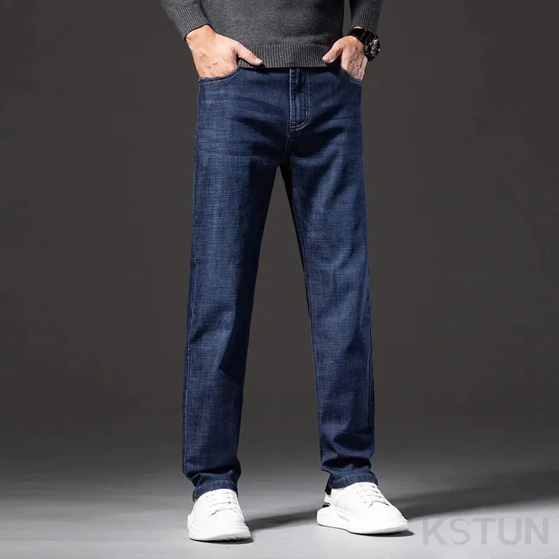 2024 Autumn Men Jeans Classic Business Casual Pants Straight Cut Solid Blue Denim Trousers Full Length Men's Clothing Hombre