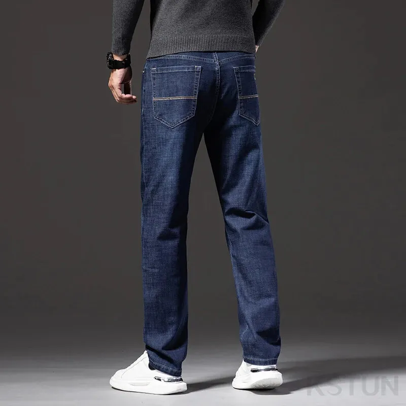 2024 Autumn Men Jeans Classic Business Casual Pants Straight Cut Solid Blue Denim Trousers Full Length Men's Clothing Hombre