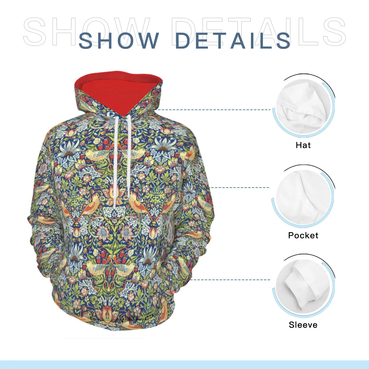 Art Nouveau Heavyweight Cotton Hoodie - William Morris 'The Strawberry Thieves'