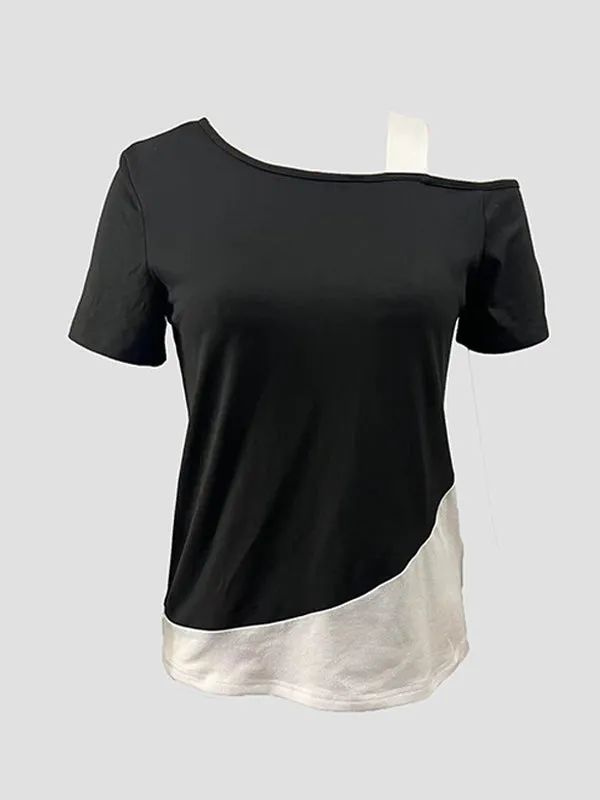 Asymmetric Contrast Color Split-Joint Loose Short Sleeves Cold Shoulder T-Shirts Tops