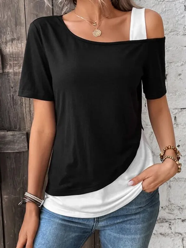Asymmetric Contrast Color Split-Joint Loose Short Sleeves Cold Shoulder T-Shirts Tops