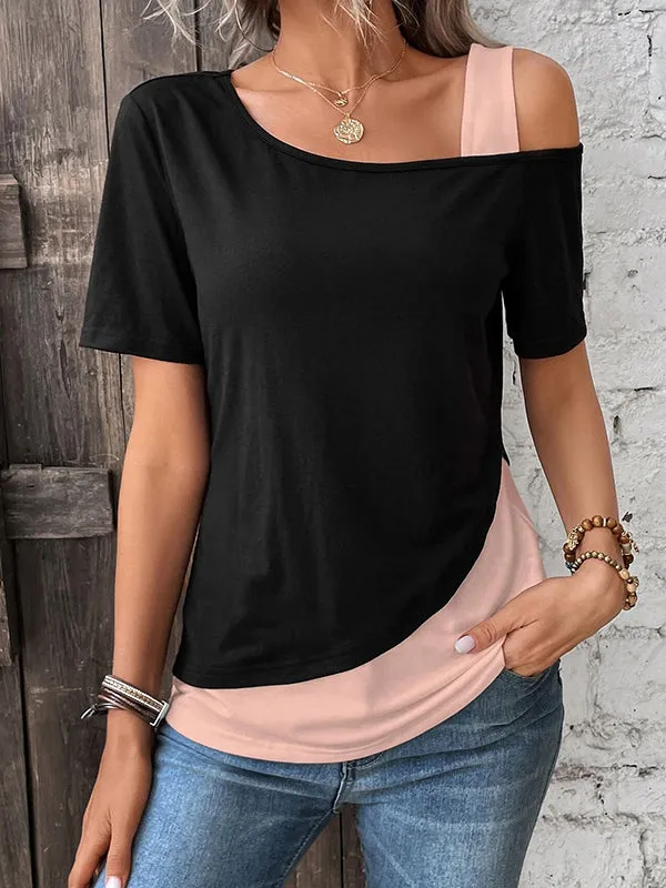 Asymmetric Contrast Color Split-Joint Loose Short Sleeves Cold Shoulder T-Shirts Tops