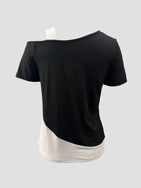 Asymmetric Contrast Color Split-Joint Loose Short Sleeves Cold Shoulder T-Shirts Tops