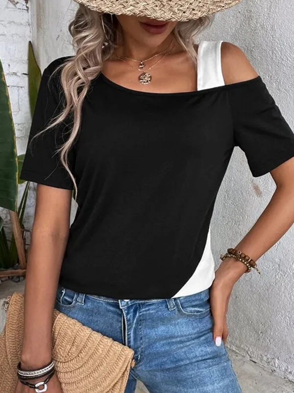 Asymmetric Contrast Color Split-Joint Loose Short Sleeves Cold Shoulder T-Shirts Tops