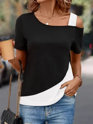 Asymmetric Contrast Color Split-Joint Loose Short Sleeves Cold Shoulder T-Shirts Tops