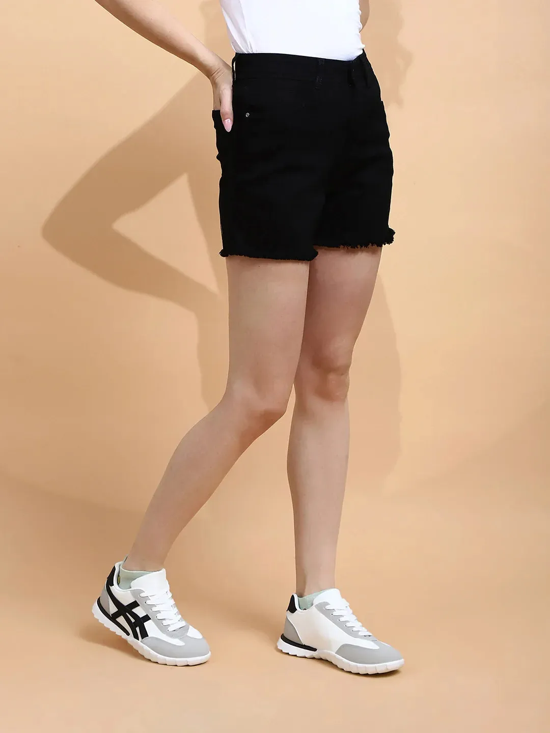 Black Cotton Regular Fit Shorts For Women