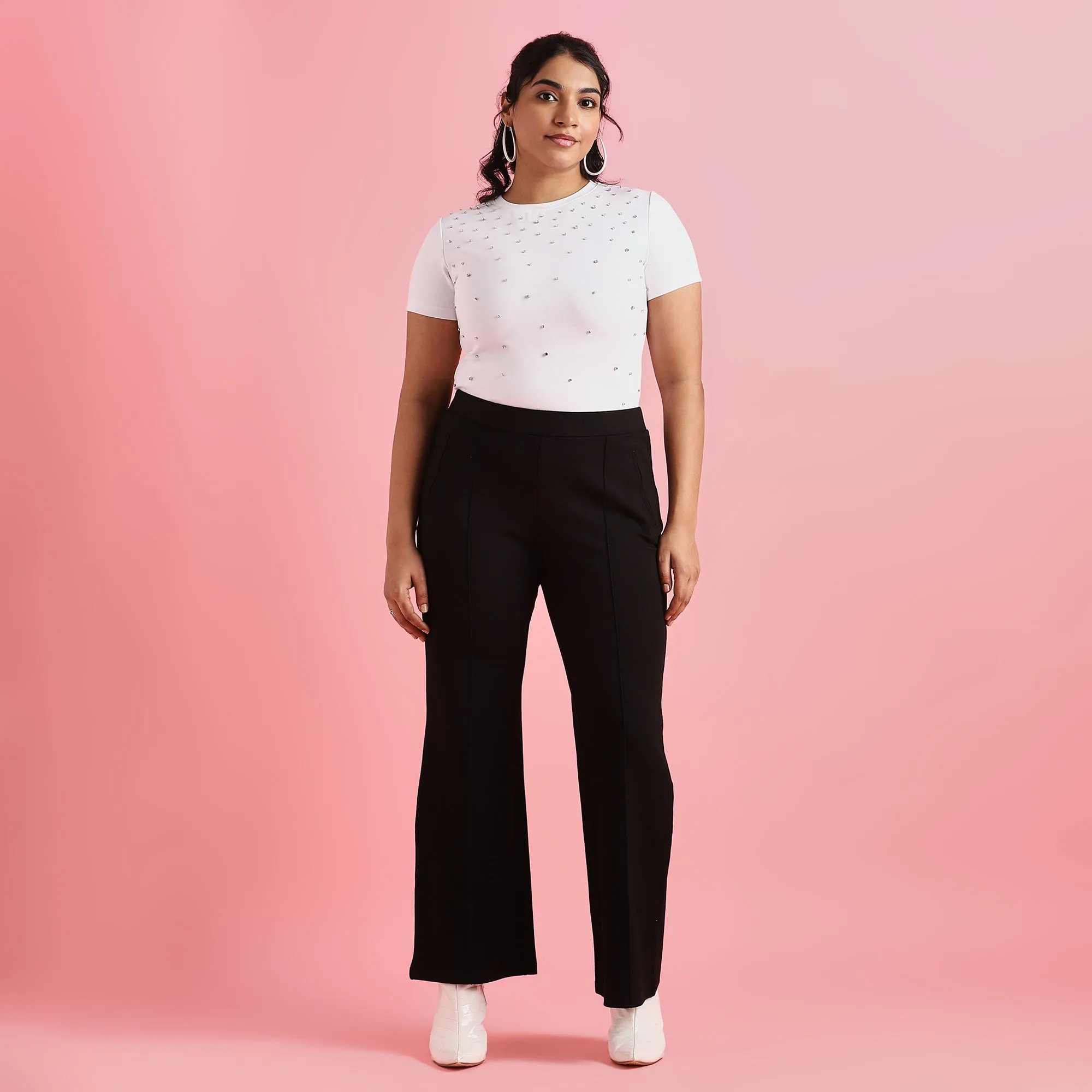 Black Plus Size Fit and Flare Zipper 4-Way Stretch Pants
