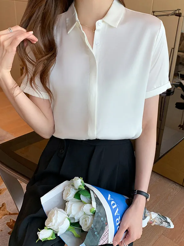 Buttoned Solid Color Split-Joint Loose Short Sleeves Lapel Blouses&Shirts Tops