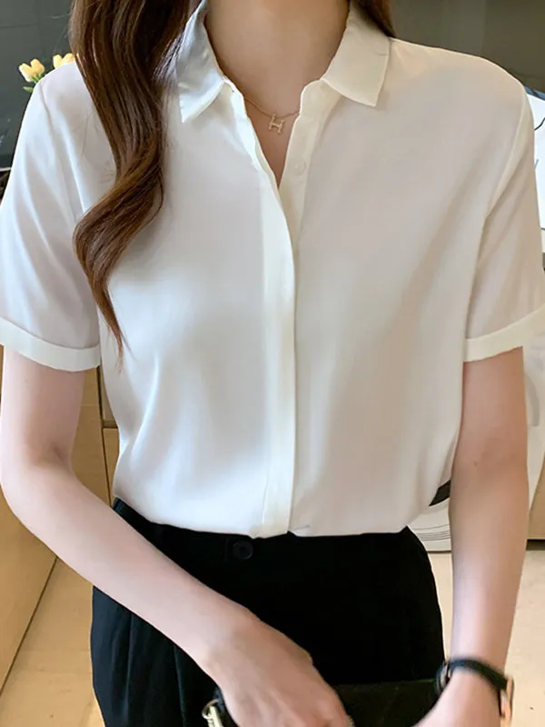 Buttoned Solid Color Split-Joint Loose Short Sleeves Lapel Blouses&Shirts Tops