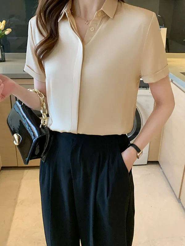 Buttoned Solid Color Split-Joint Loose Short Sleeves Lapel Blouses&Shirts Tops