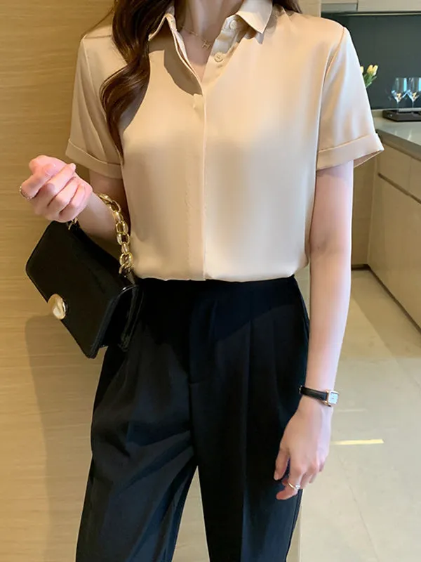 Buttoned Solid Color Split-Joint Loose Short Sleeves Lapel Blouses&Shirts Tops