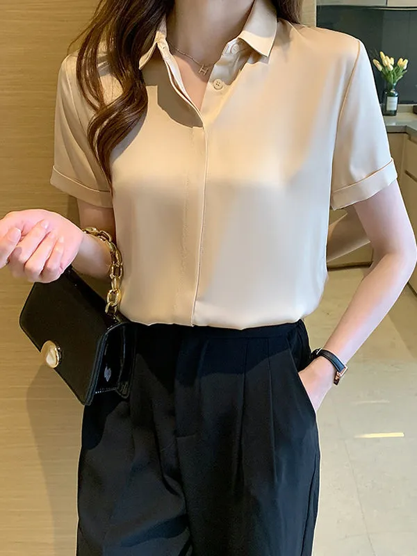 Buttoned Solid Color Split-Joint Loose Short Sleeves Lapel Blouses&Shirts Tops