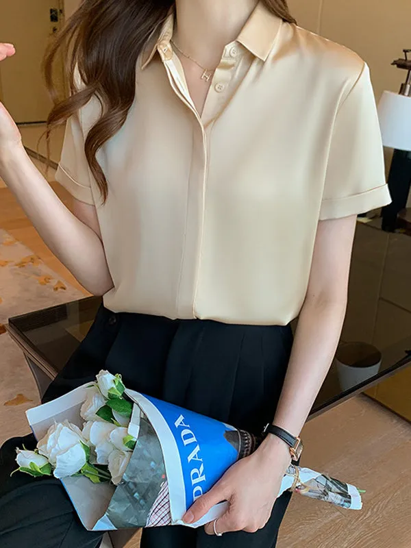 Buttoned Solid Color Split-Joint Loose Short Sleeves Lapel Blouses&Shirts Tops