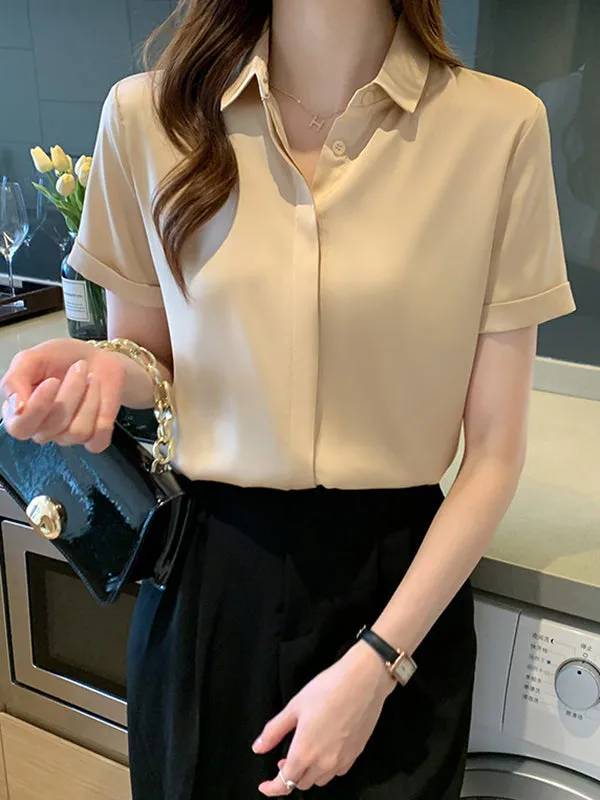 Buttoned Solid Color Split-Joint Loose Short Sleeves Lapel Blouses&Shirts Tops