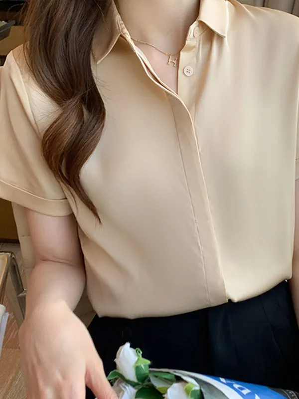 Buttoned Solid Color Split-Joint Loose Short Sleeves Lapel Blouses&Shirts Tops