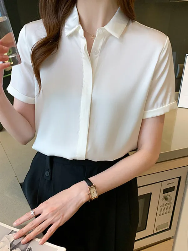Buttoned Solid Color Split-Joint Loose Short Sleeves Lapel Blouses&Shirts Tops