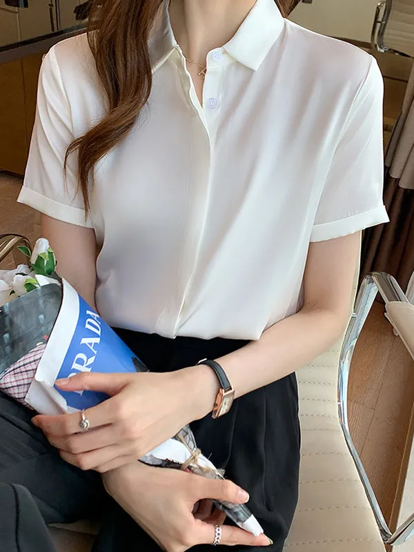 Buttoned Solid Color Split-Joint Loose Short Sleeves Lapel Blouses&Shirts Tops
