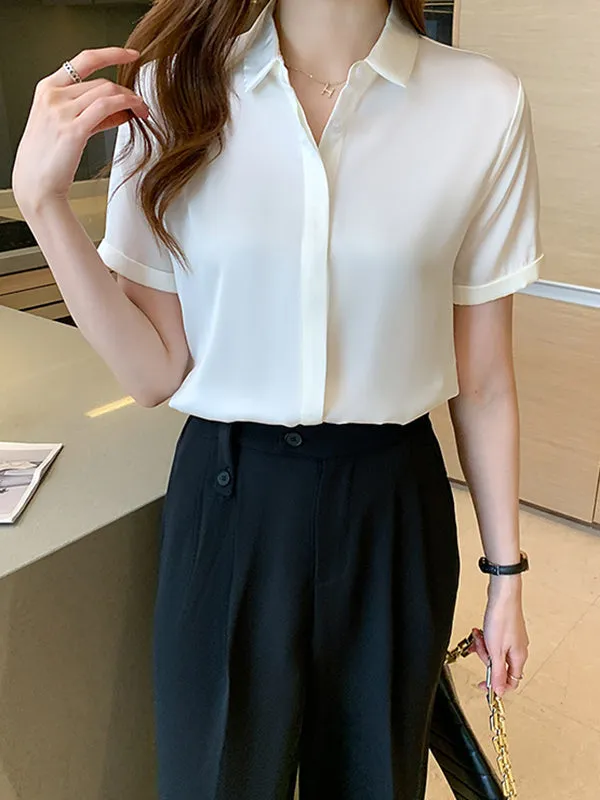 Buttoned Solid Color Split-Joint Loose Short Sleeves Lapel Blouses&Shirts Tops