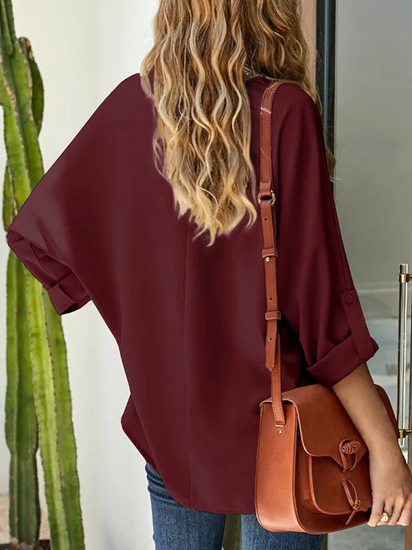 Casual Long Sleeves Loose Solid Color V-Neck Blouses&Shirts Tops