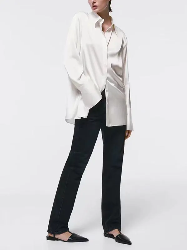 Casual Loose Long Sleeves Buttoned Solid Color Lapel Collar Blouses&Shirts Tops