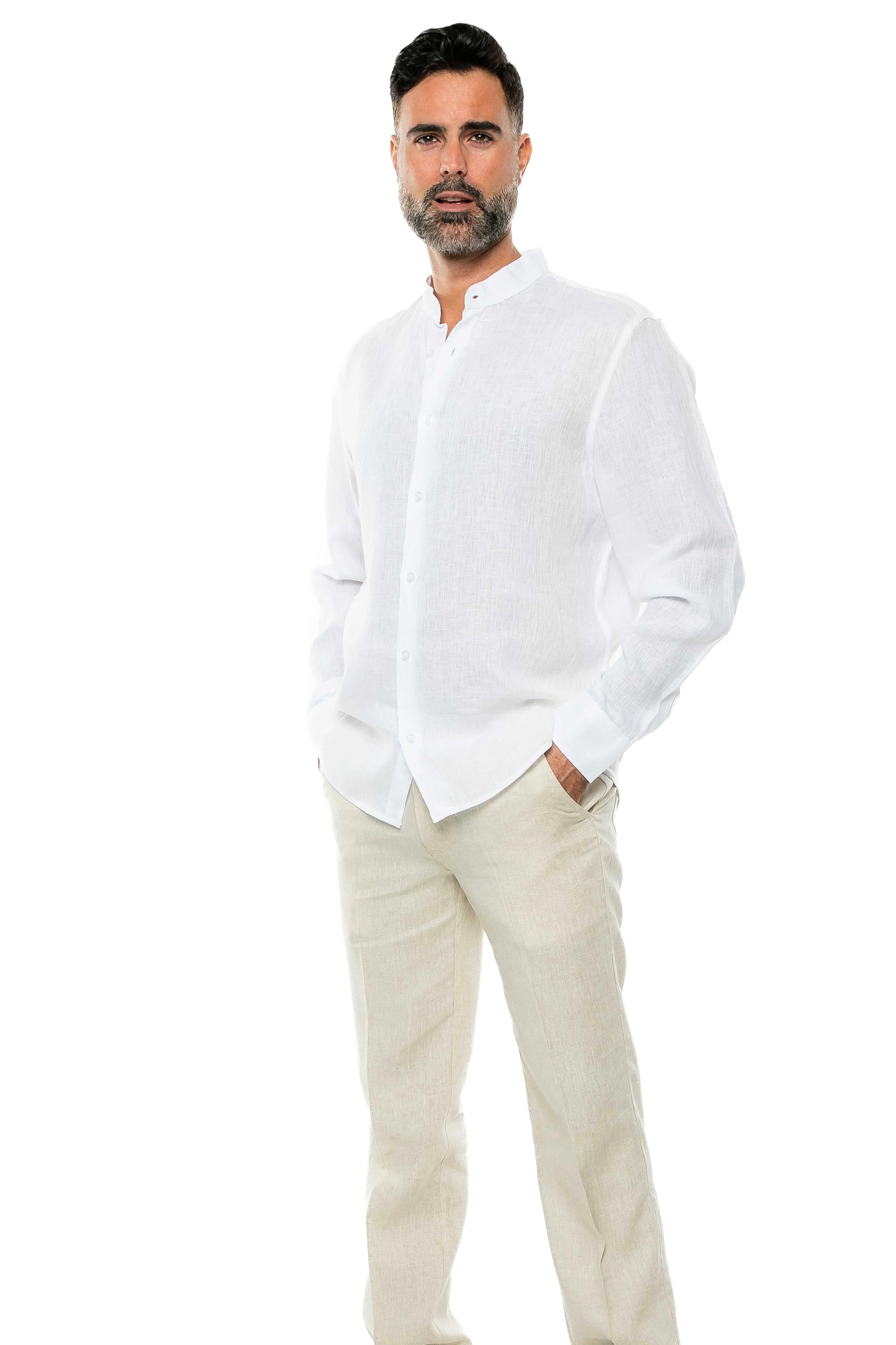 Casual Yarn Dyed Linen Mandarin Collar Long Sleeve Button Down Shirt