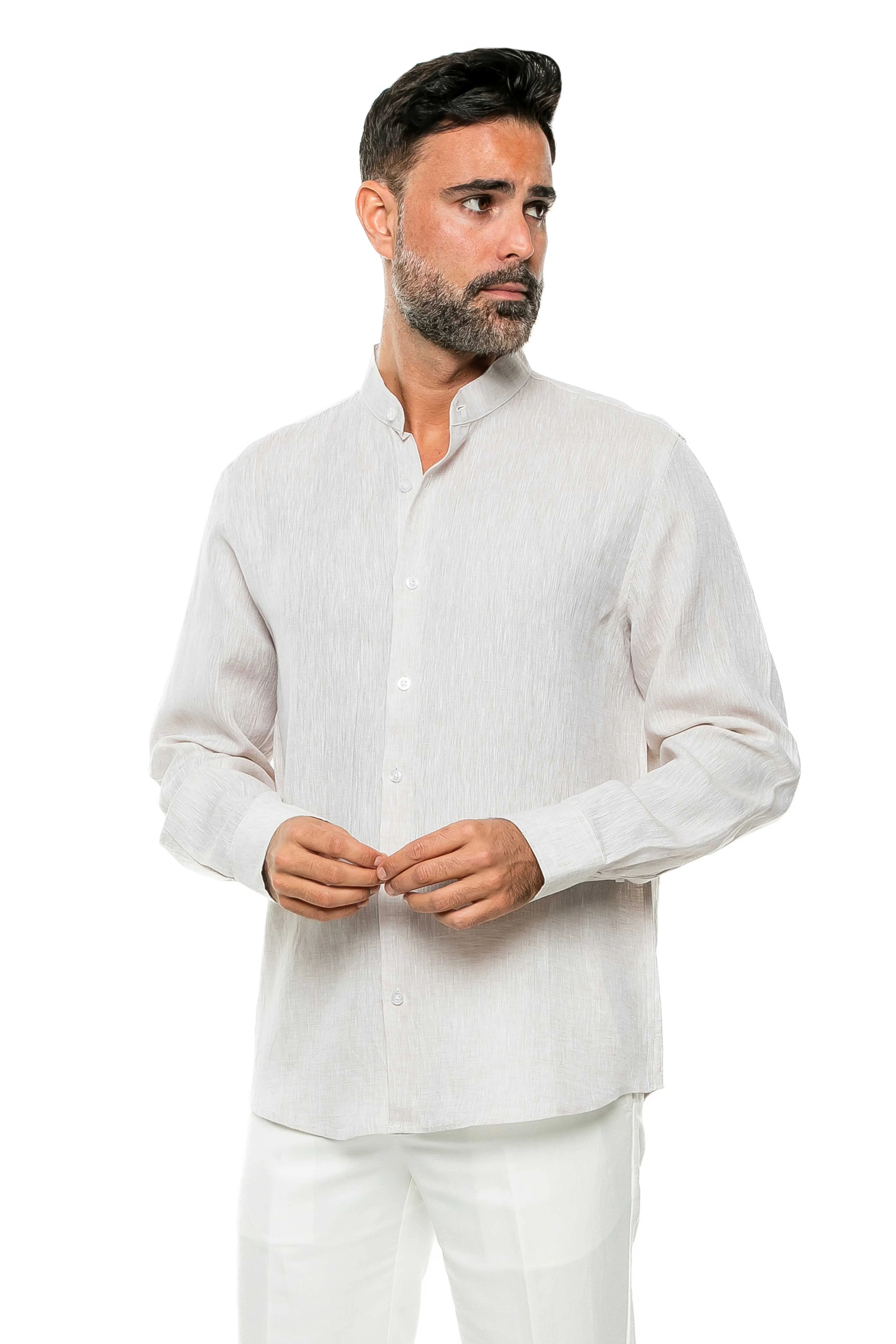 Casual Yarn Dyed Linen Mandarin Collar Long Sleeve Button Down Shirt
