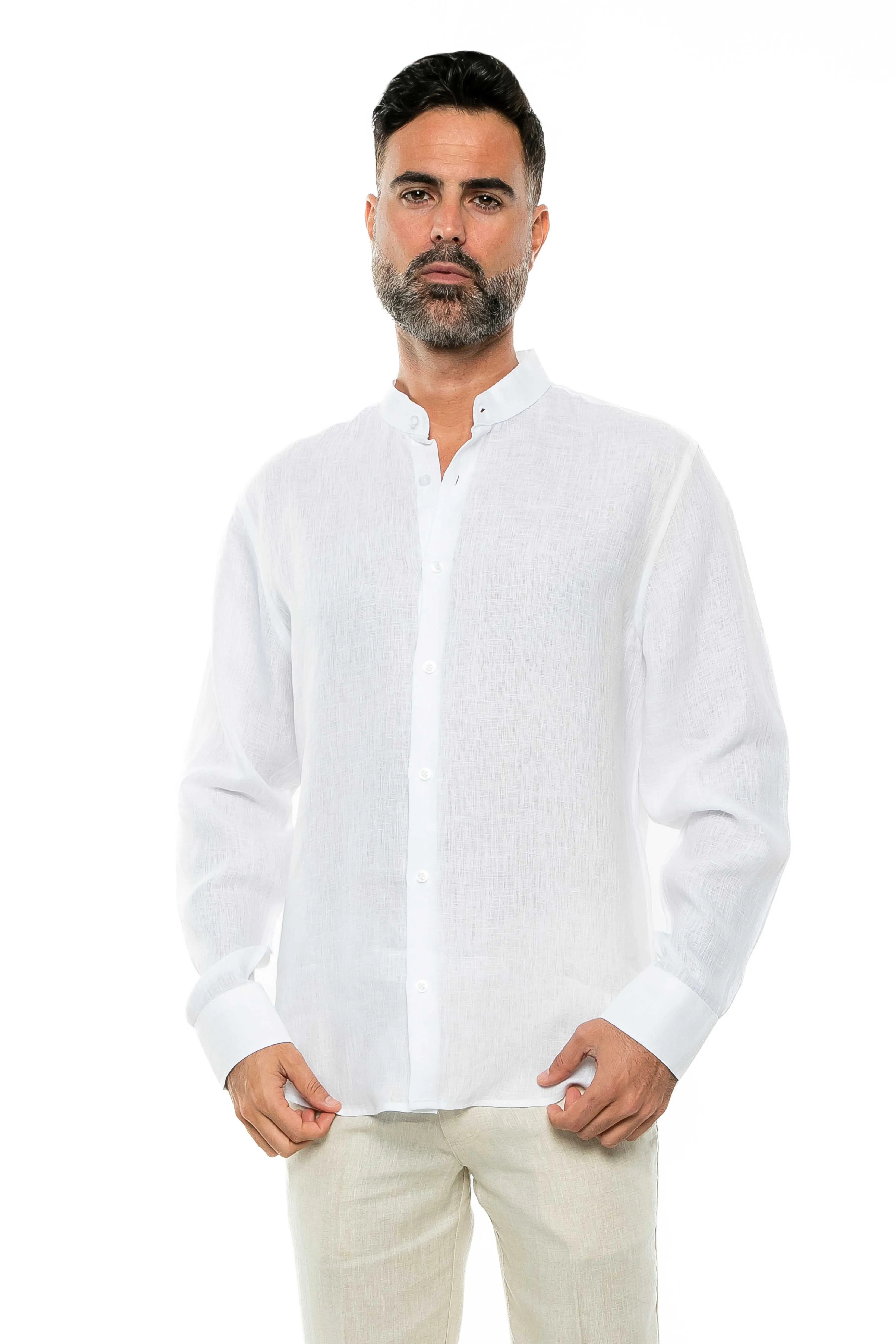 Casual Yarn Dyed Linen Mandarin Collar Long Sleeve Button Down Shirt