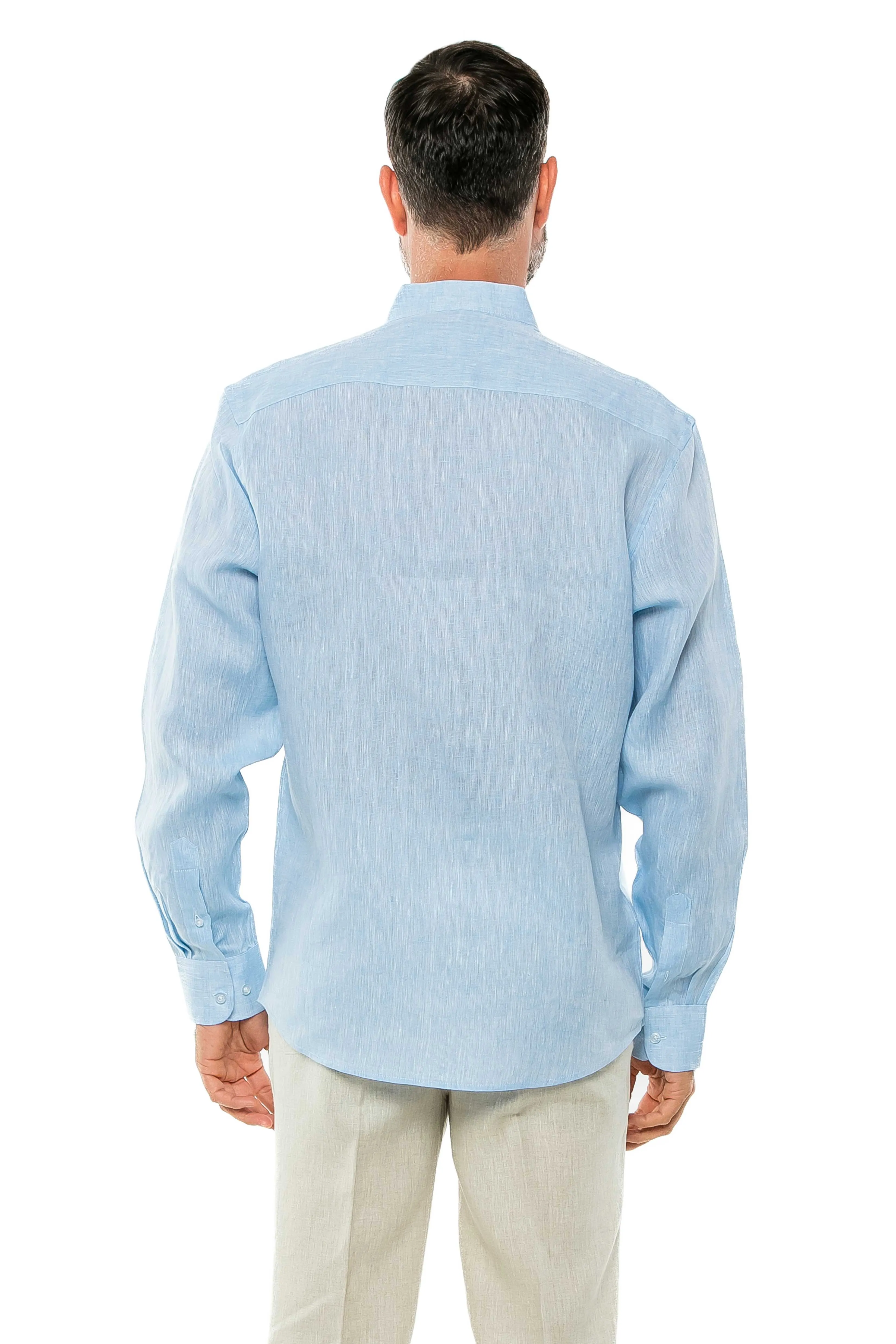 Casual Yarn Dyed Linen Mandarin Collar Long Sleeve Button Down Shirt
