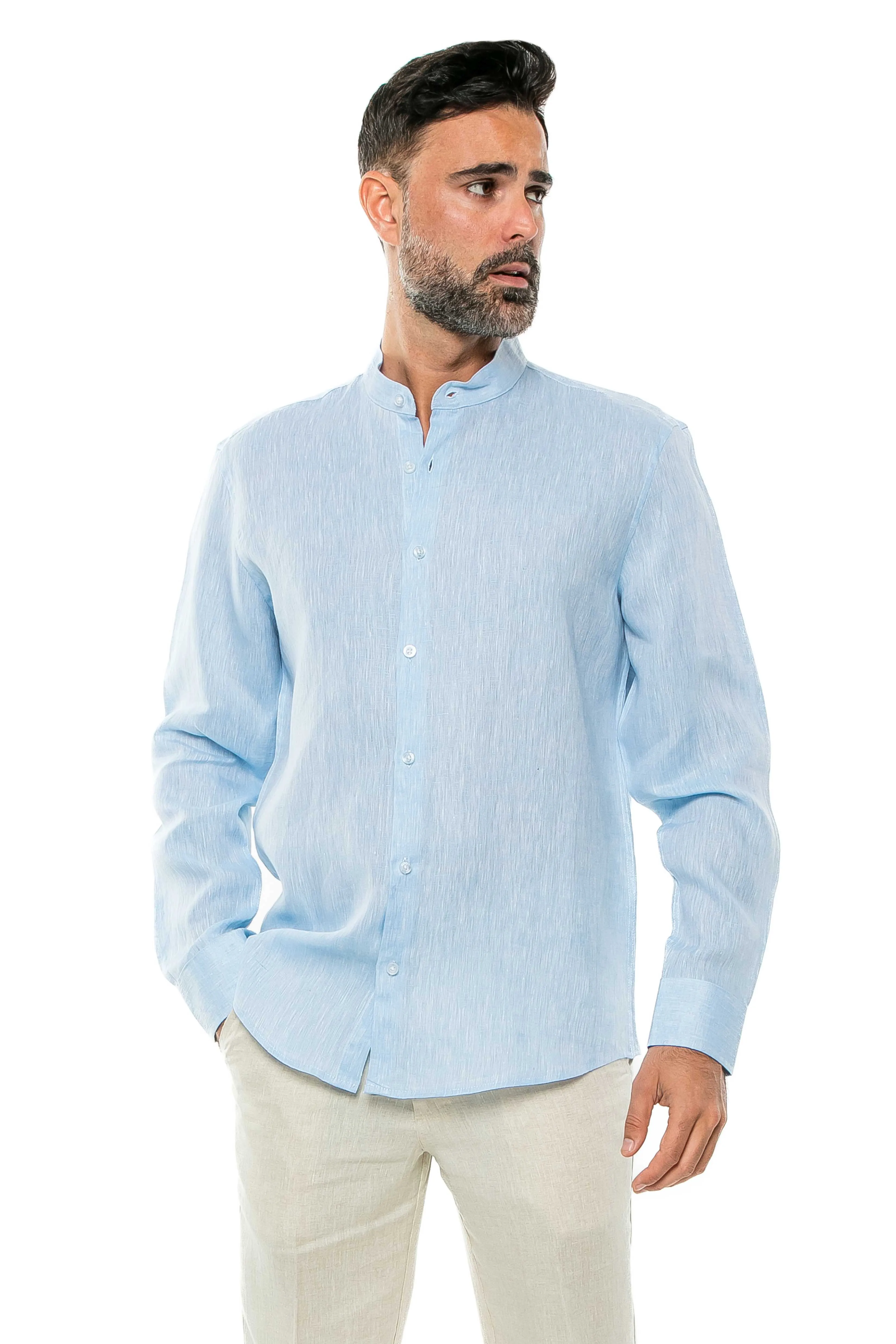Casual Yarn Dyed Linen Mandarin Collar Long Sleeve Button Down Shirt