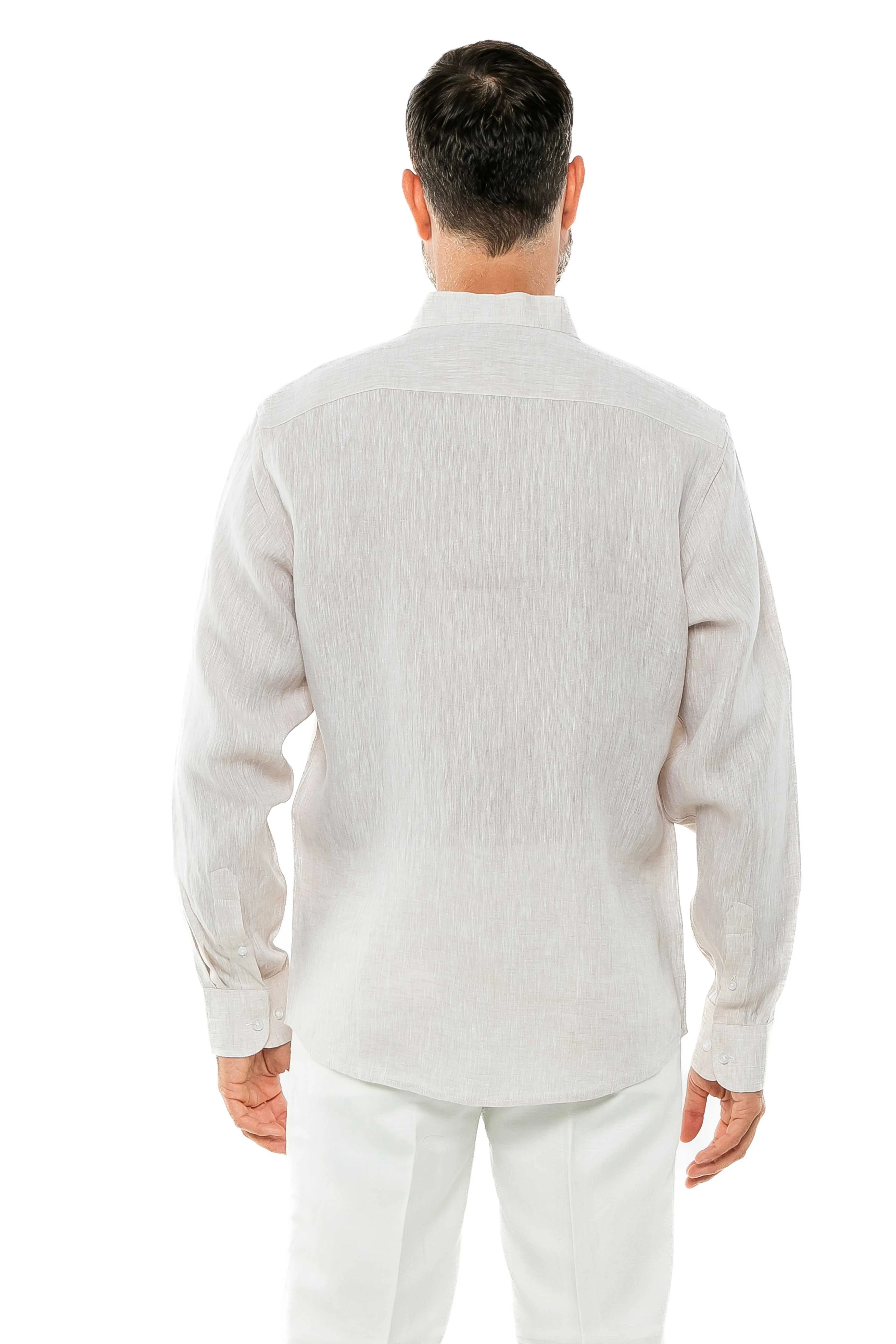 Casual Yarn Dyed Linen Mandarin Collar Long Sleeve Button Down Shirt