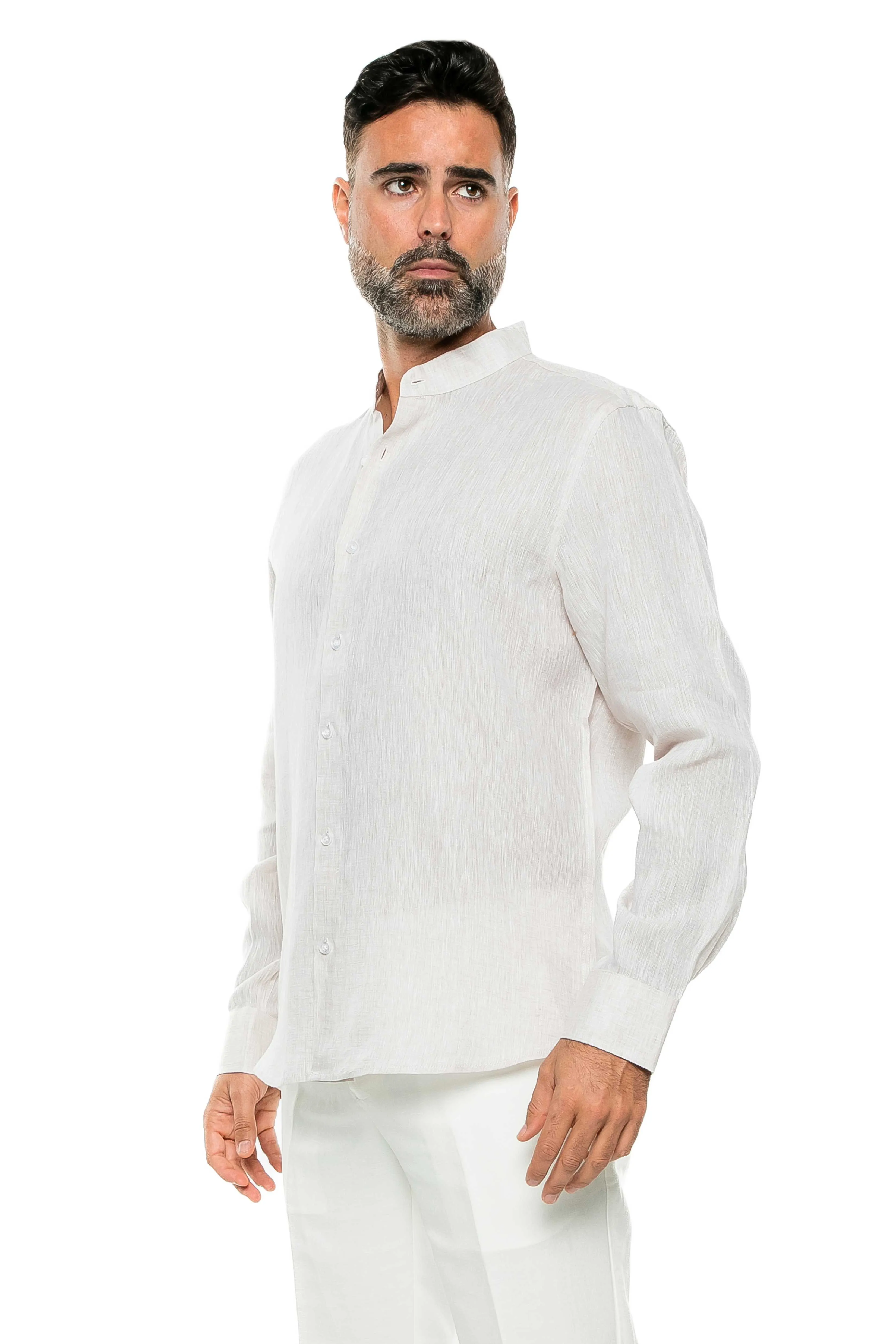 Casual Yarn Dyed Linen Mandarin Collar Long Sleeve Button Down Shirt