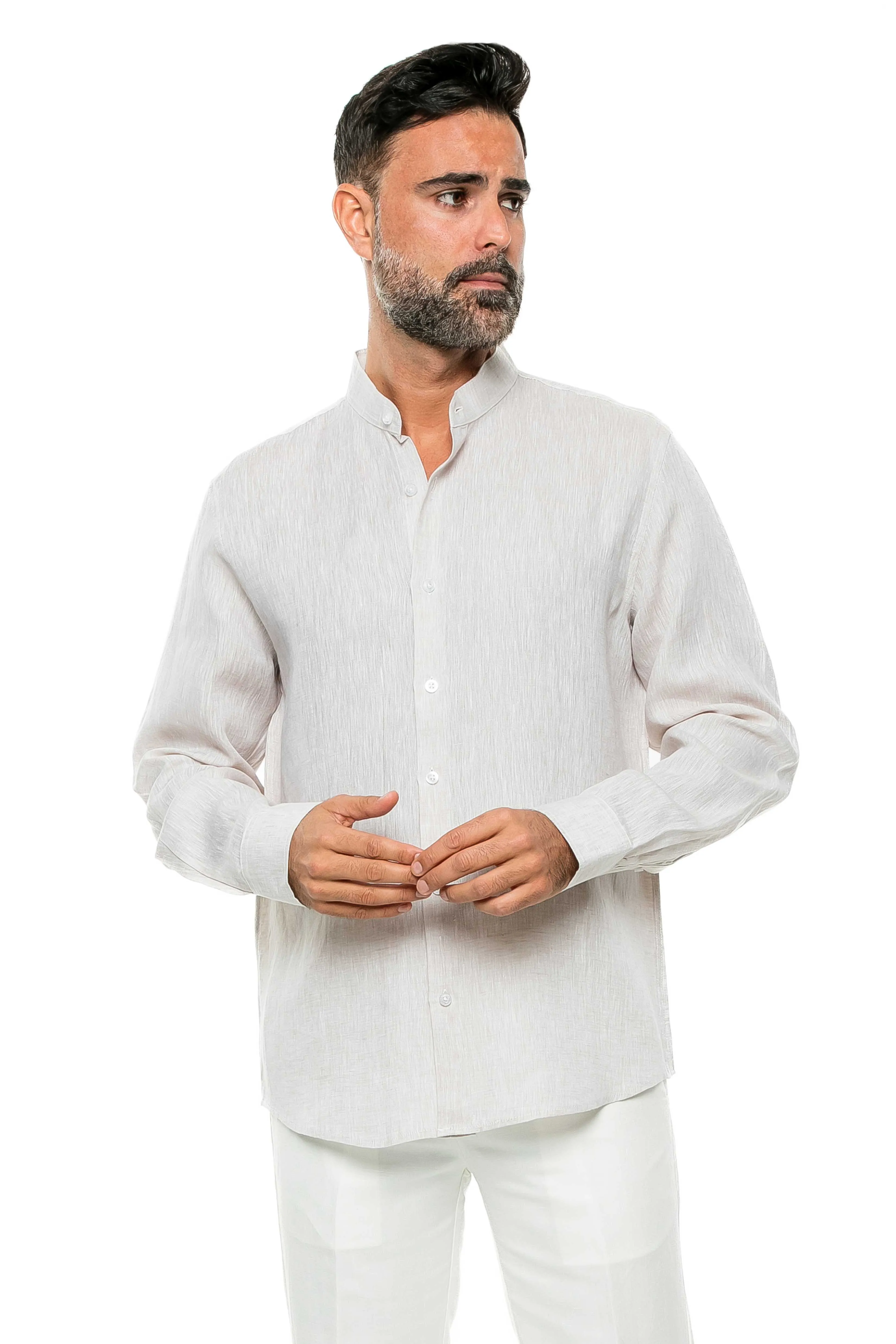 Casual Yarn Dyed Linen Mandarin Collar Long Sleeve Button Down Shirt