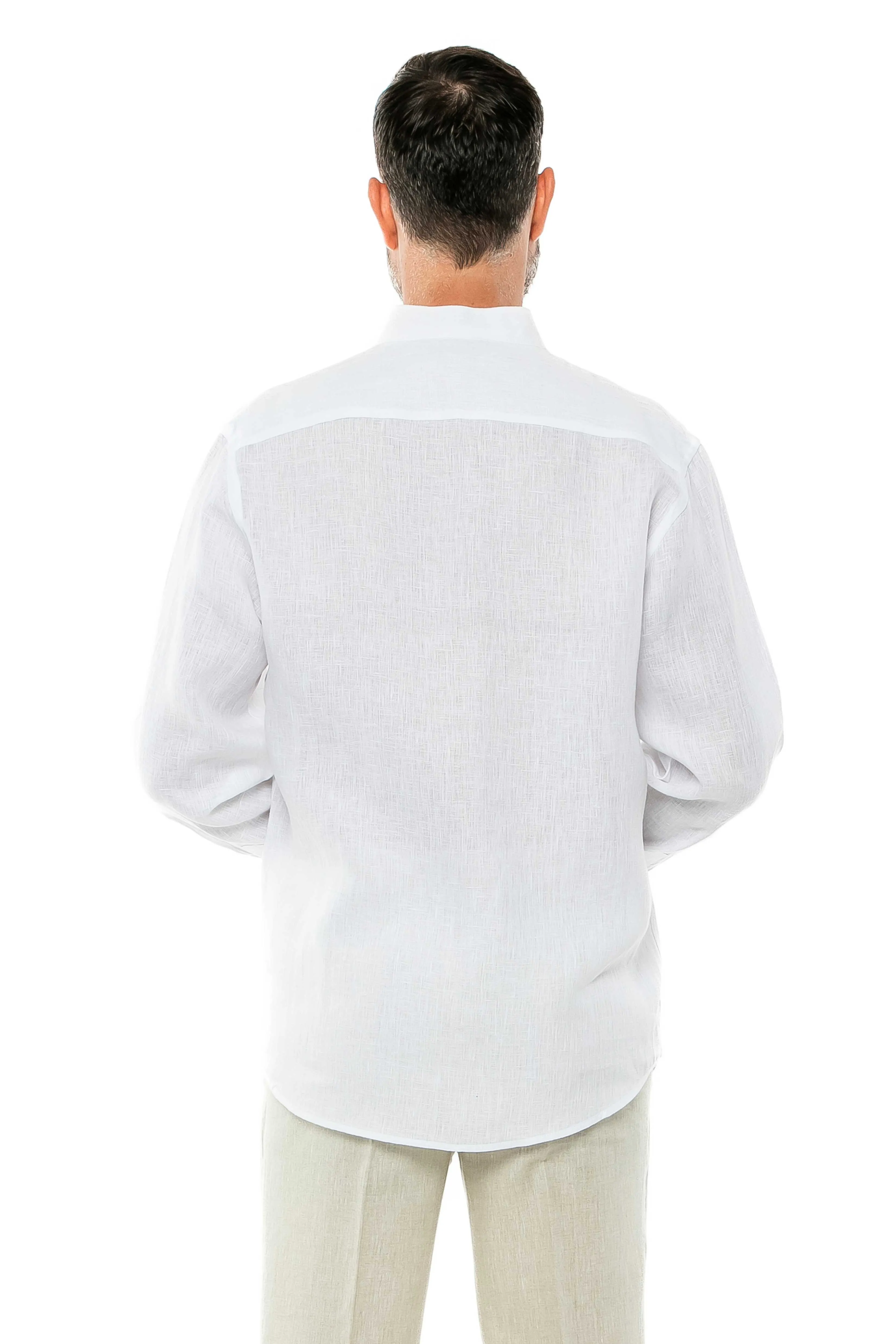 Casual Yarn Dyed Linen Mandarin Collar Long Sleeve Button Down Shirt
