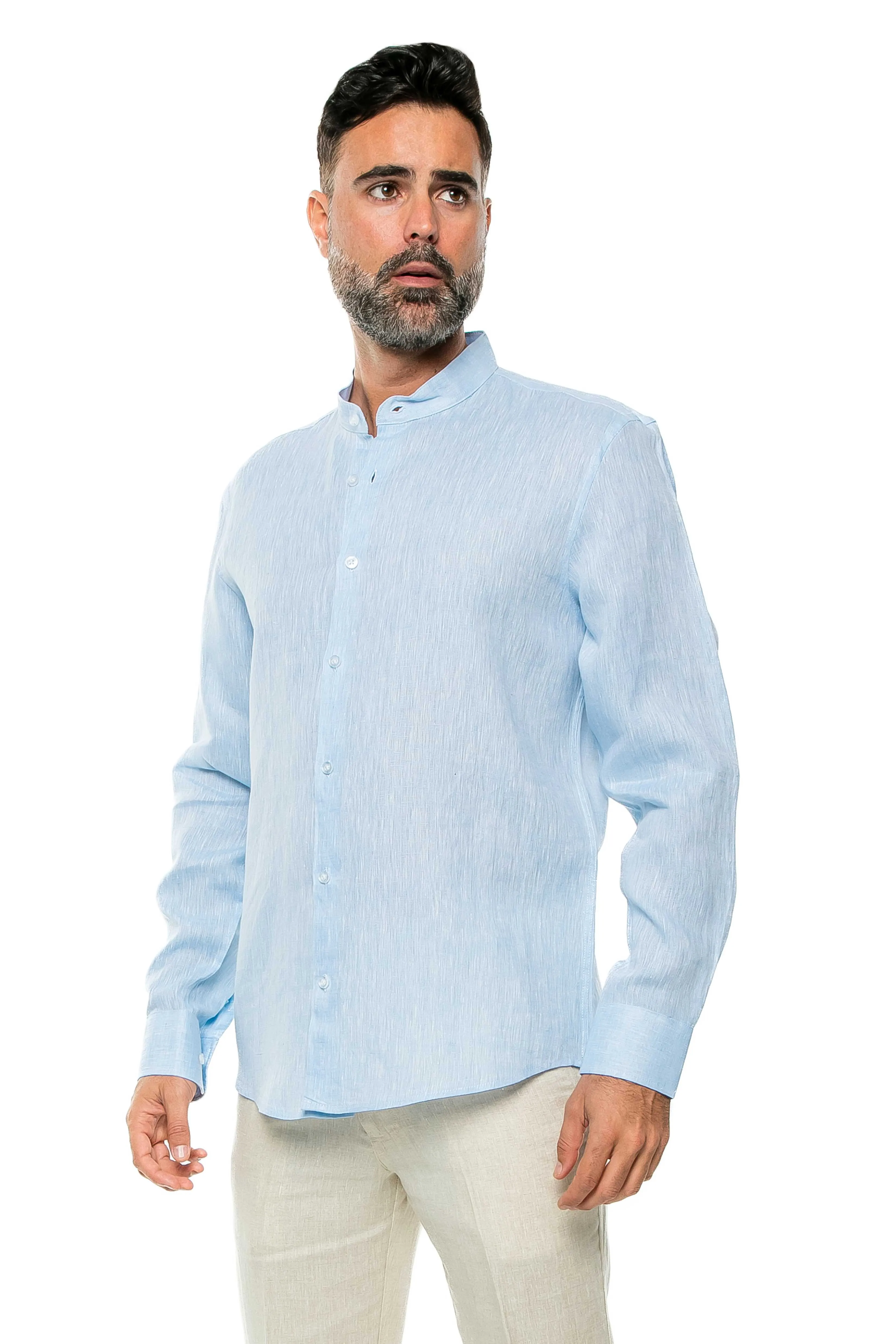 Casual Yarn Dyed Linen Mandarin Collar Long Sleeve Button Down Shirt