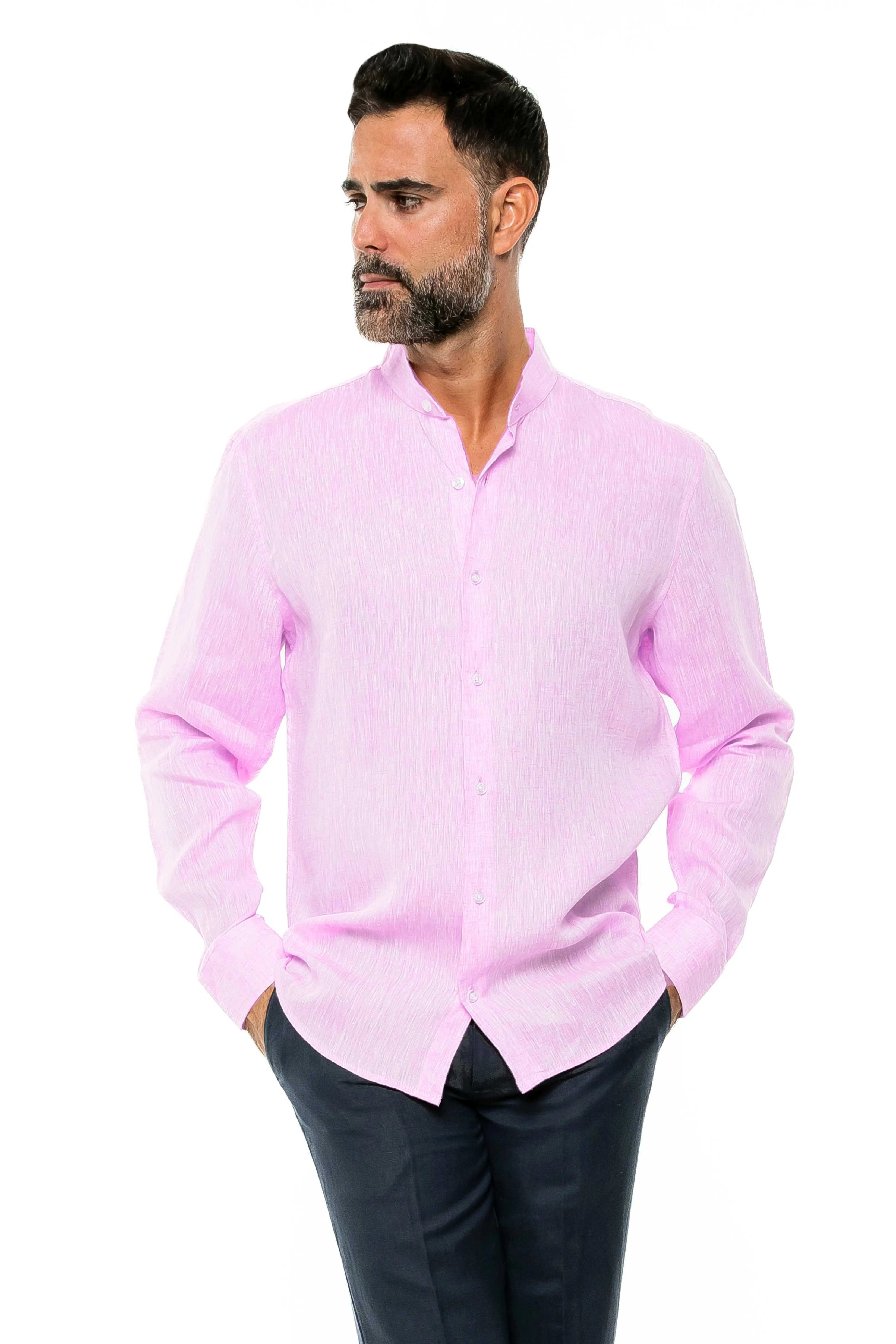Casual Yarn Dyed Linen Mandarin Collar Long Sleeve Button Down Shirt