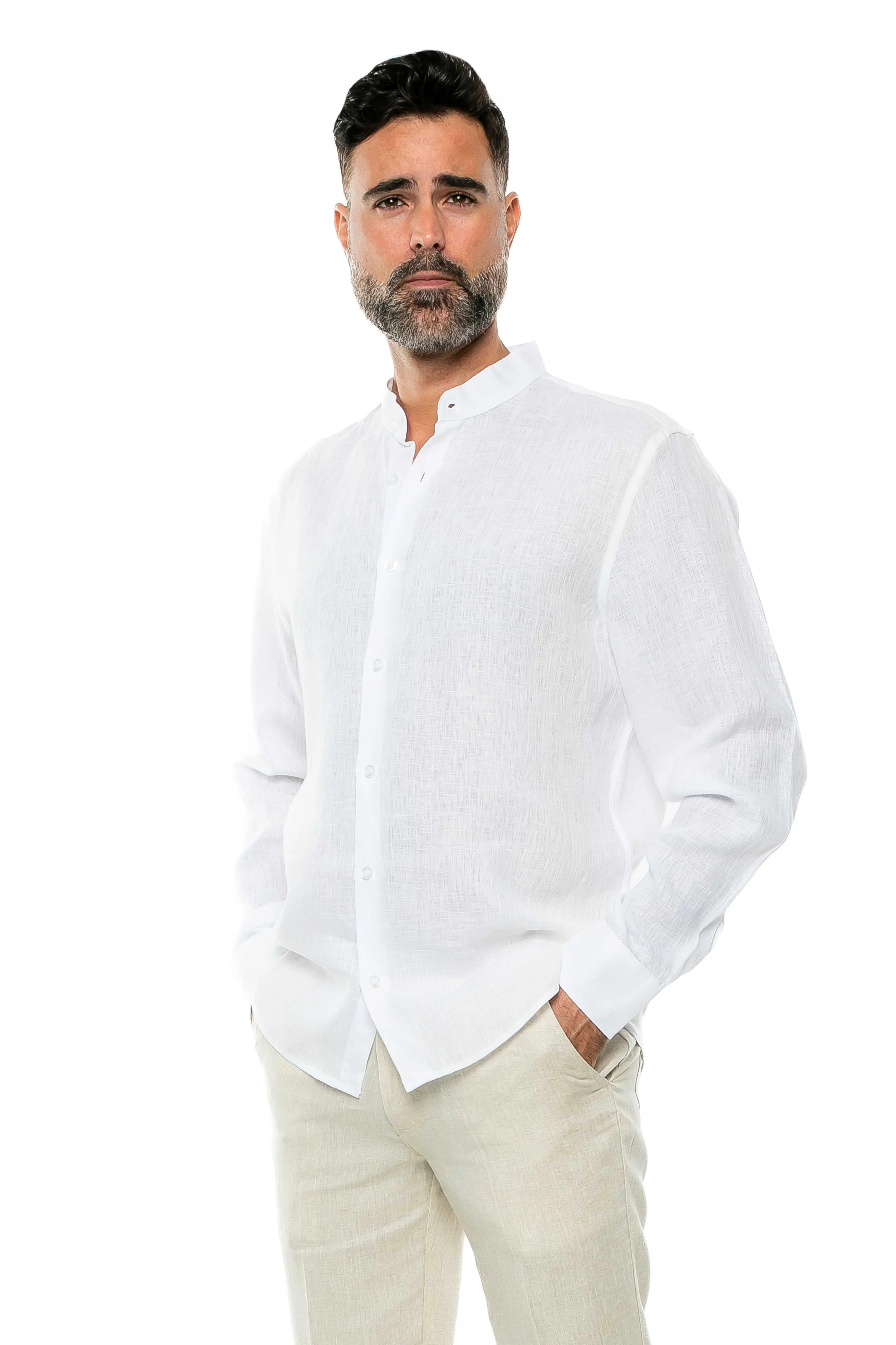 Casual Yarn Dyed Linen Mandarin Collar Long Sleeve Button Down Shirt