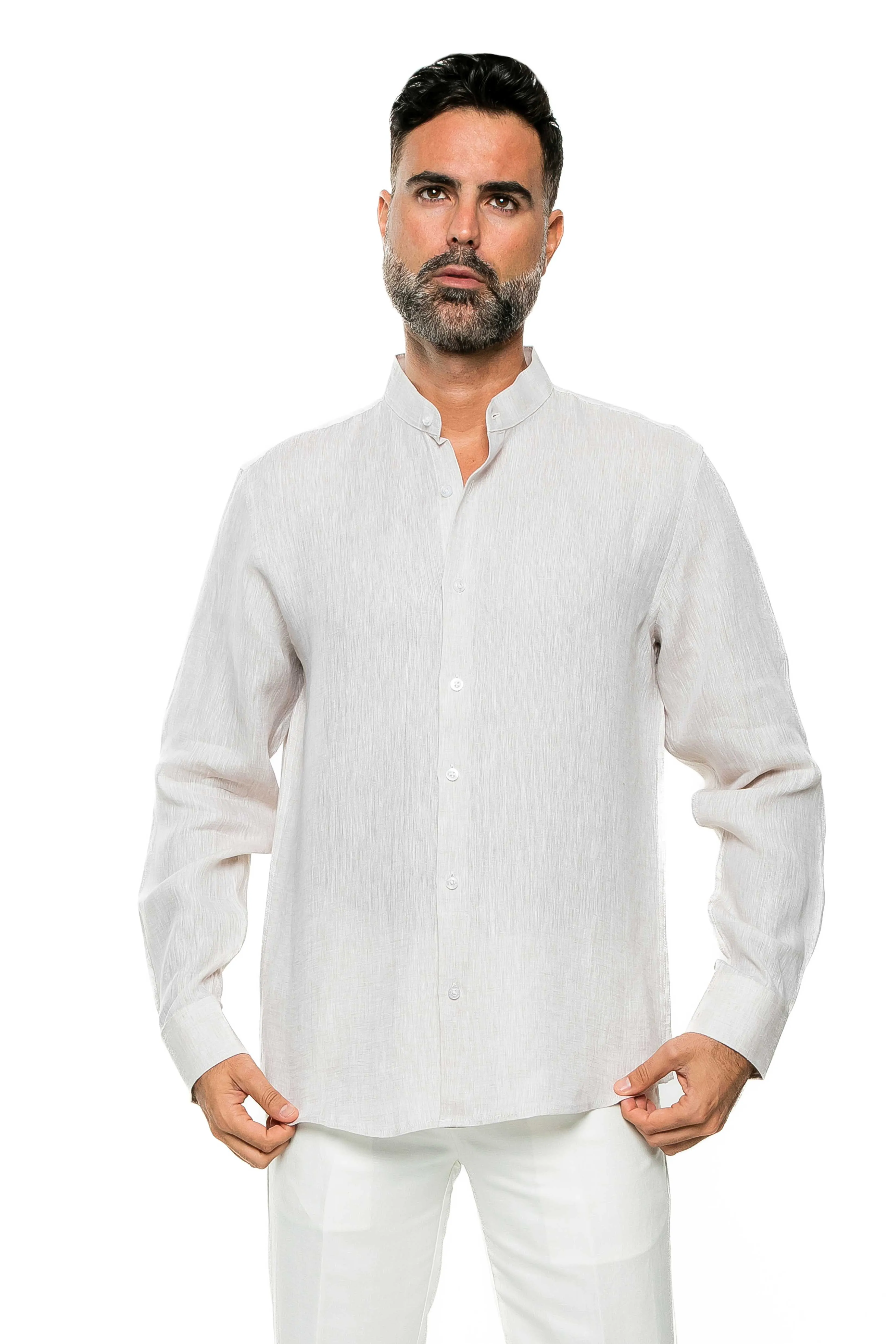Casual Yarn Dyed Linen Mandarin Collar Long Sleeve Button Down Shirt