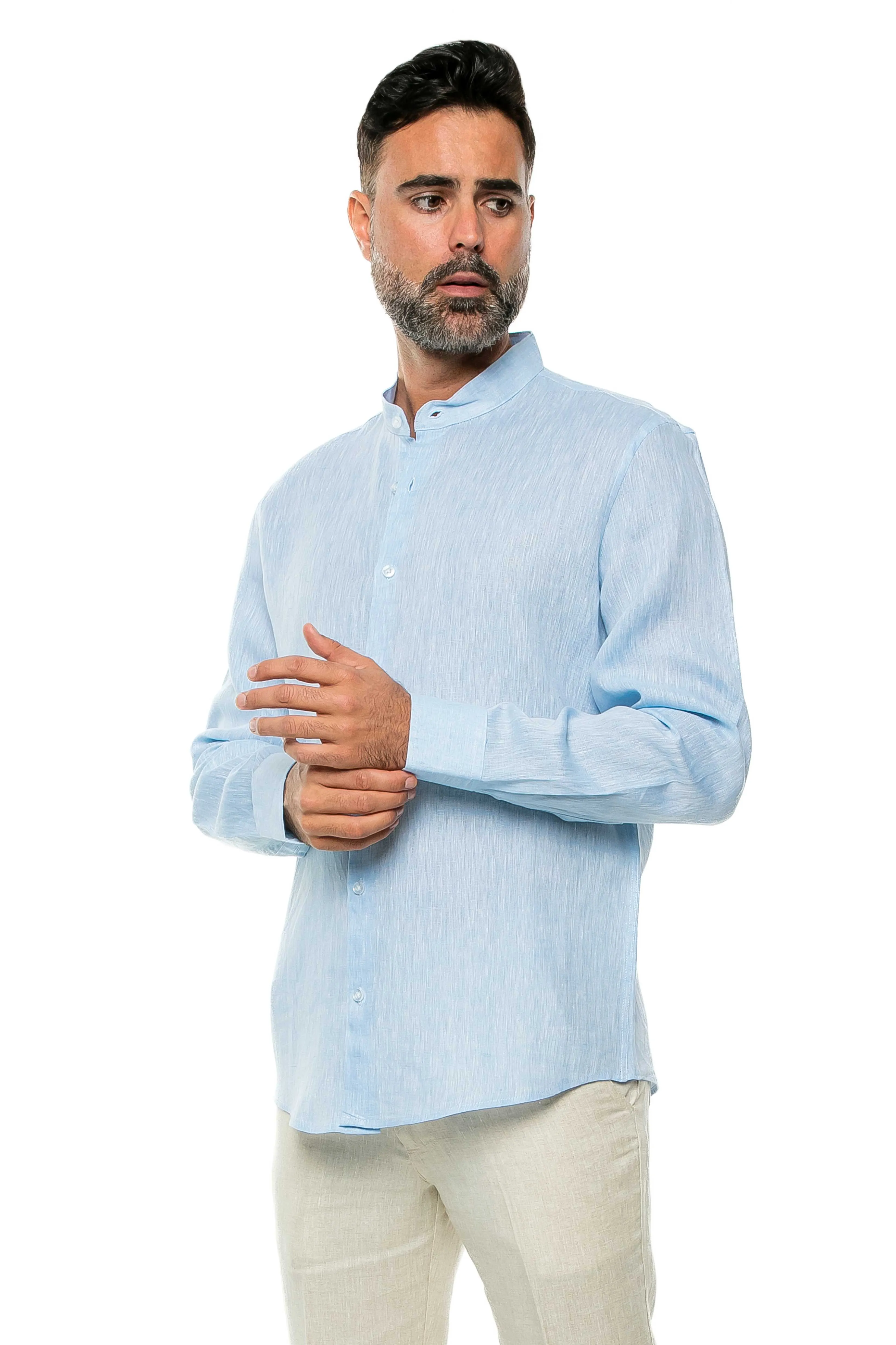 Casual Yarn Dyed Linen Mandarin Collar Long Sleeve Button Down Shirt