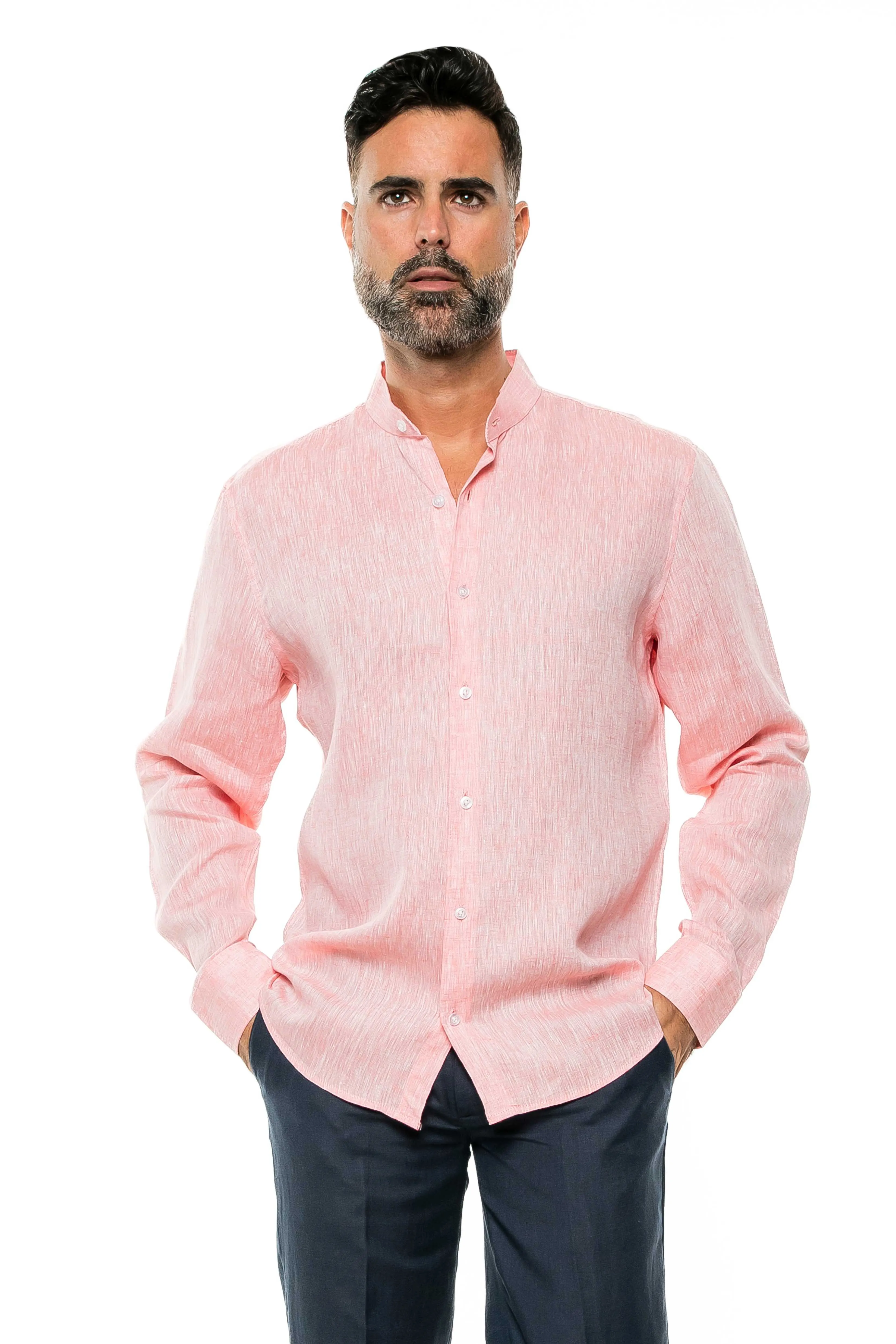 Casual Yarn Dyed Linen Mandarin Collar Long Sleeve Button Down Shirt