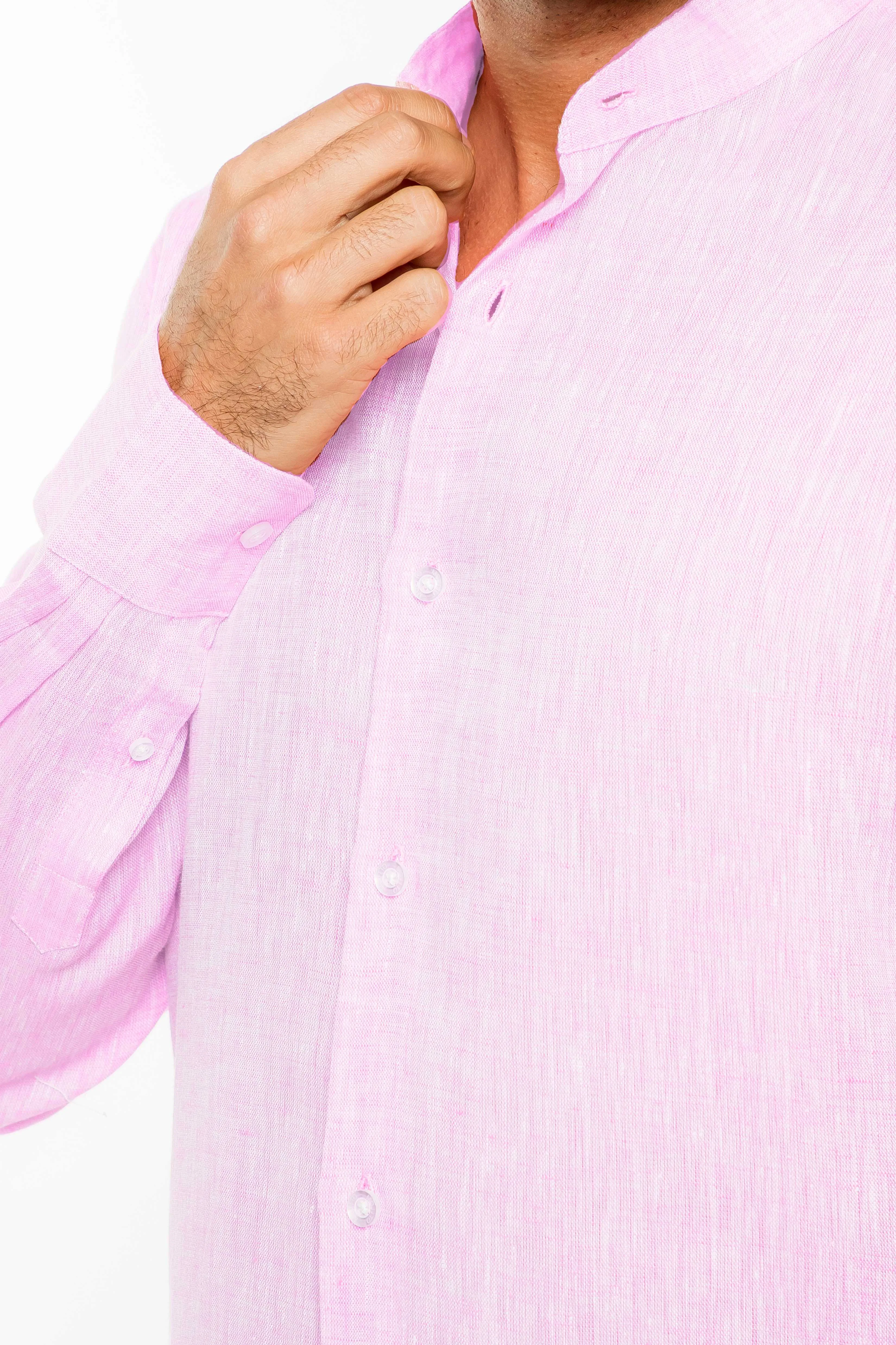 Casual Yarn Dyed Linen Mandarin Collar Long Sleeve Button Down Shirt