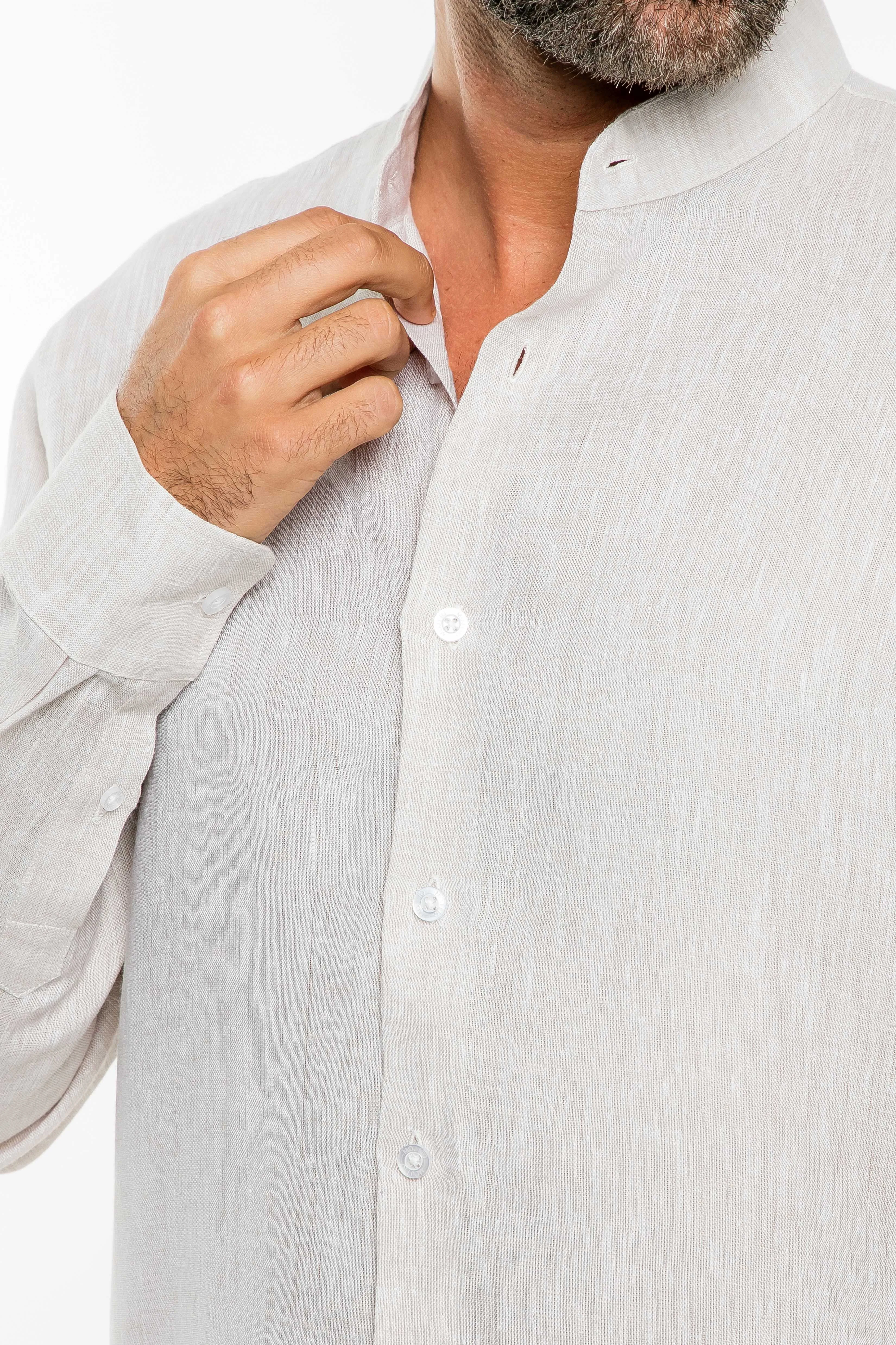 Casual Yarn Dyed Linen Mandarin Collar Long Sleeve Button Down Shirt