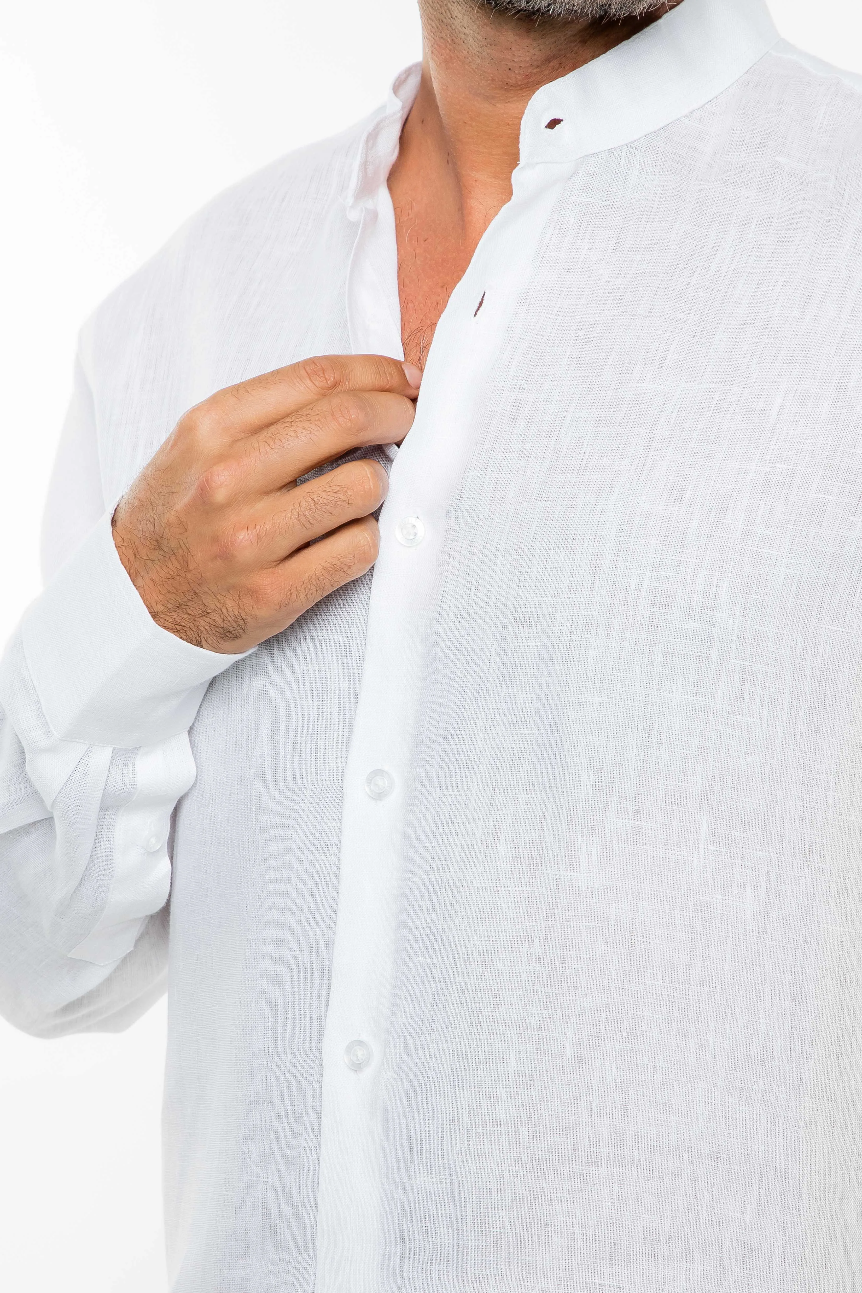 Casual Yarn Dyed Linen Mandarin Collar Long Sleeve Button Down Shirt