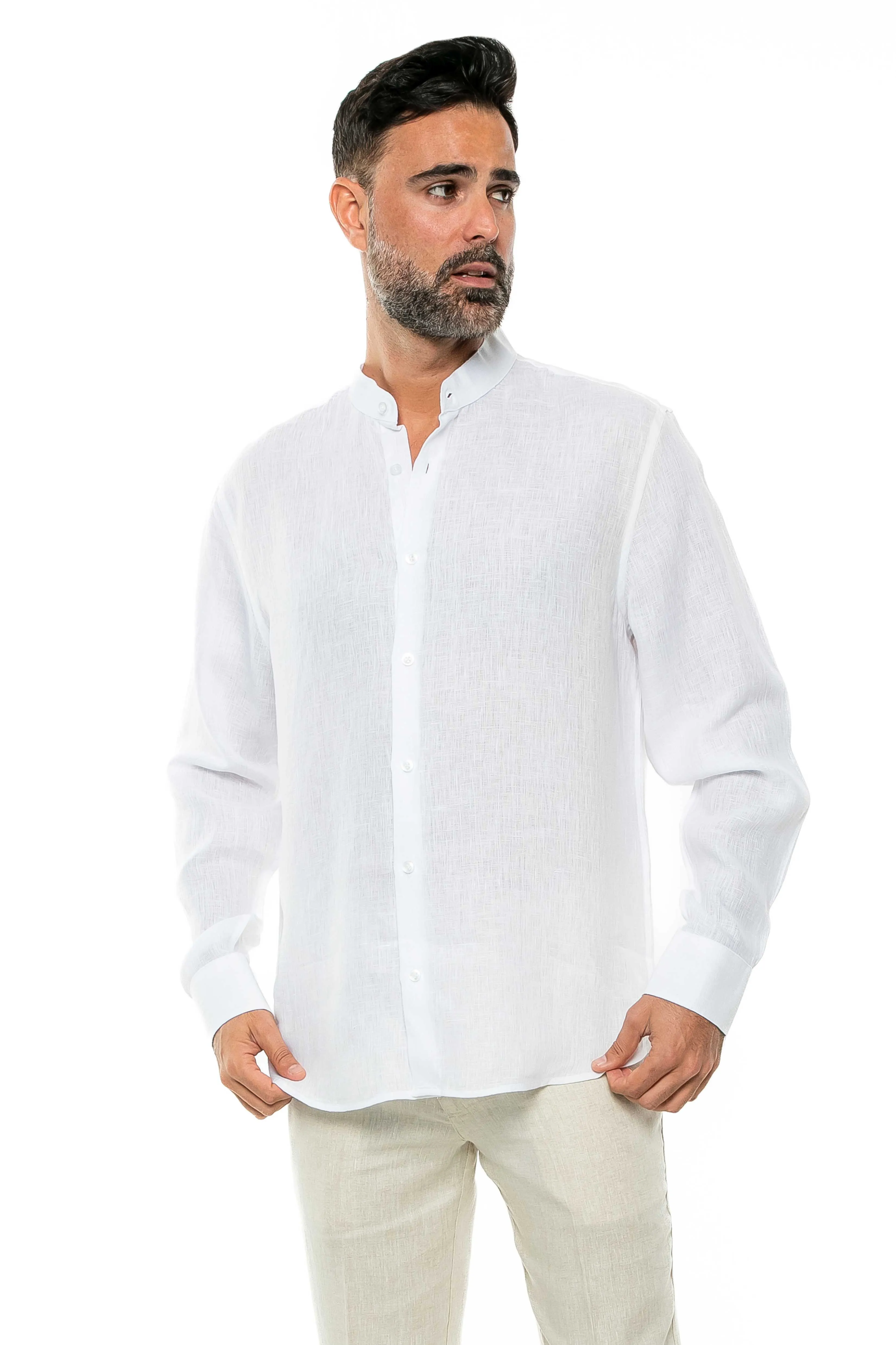 Casual Yarn Dyed Linen Mandarin Collar Long Sleeve Button Down Shirt