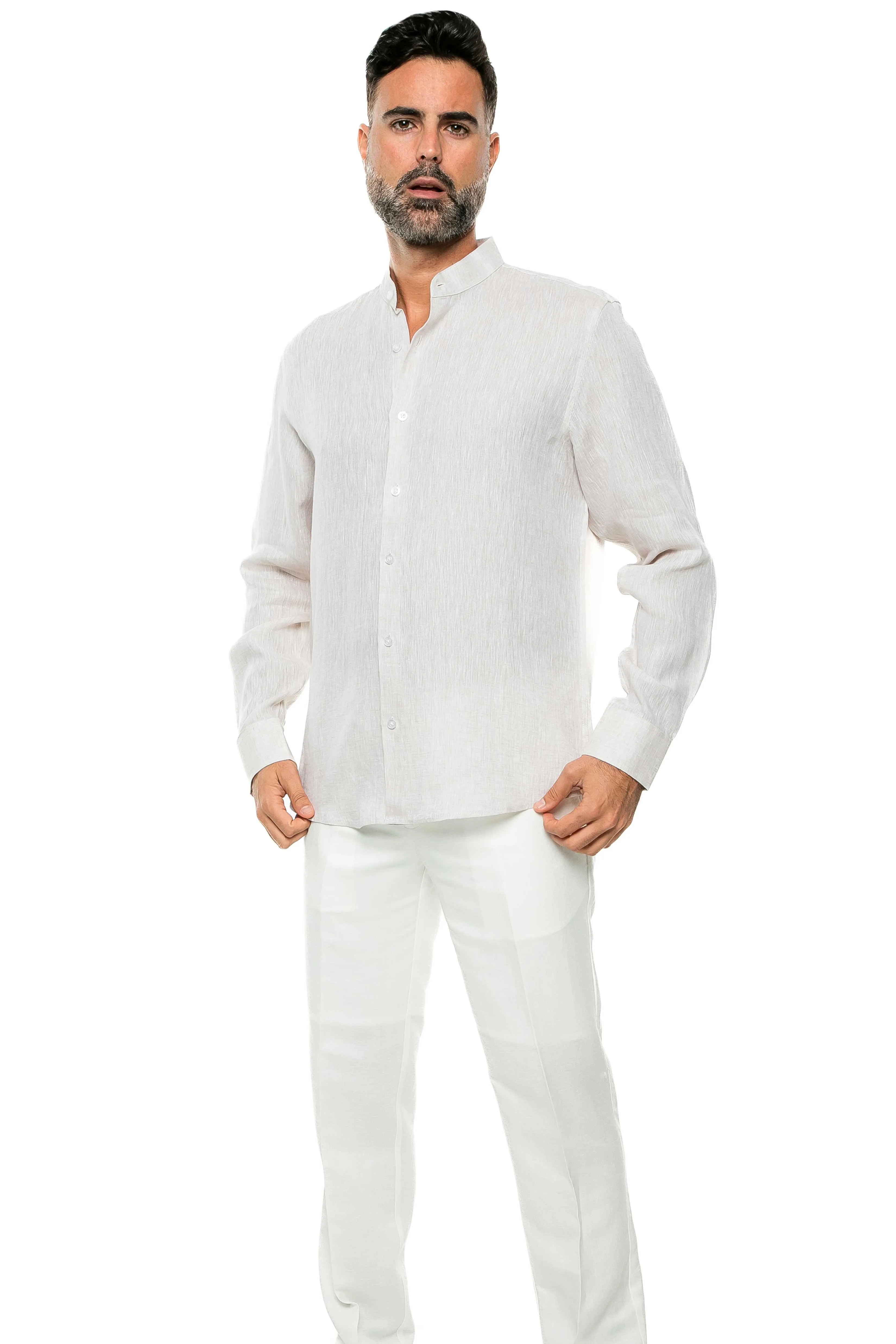 Casual Yarn Dyed Linen Mandarin Collar Long Sleeve Button Down Shirt