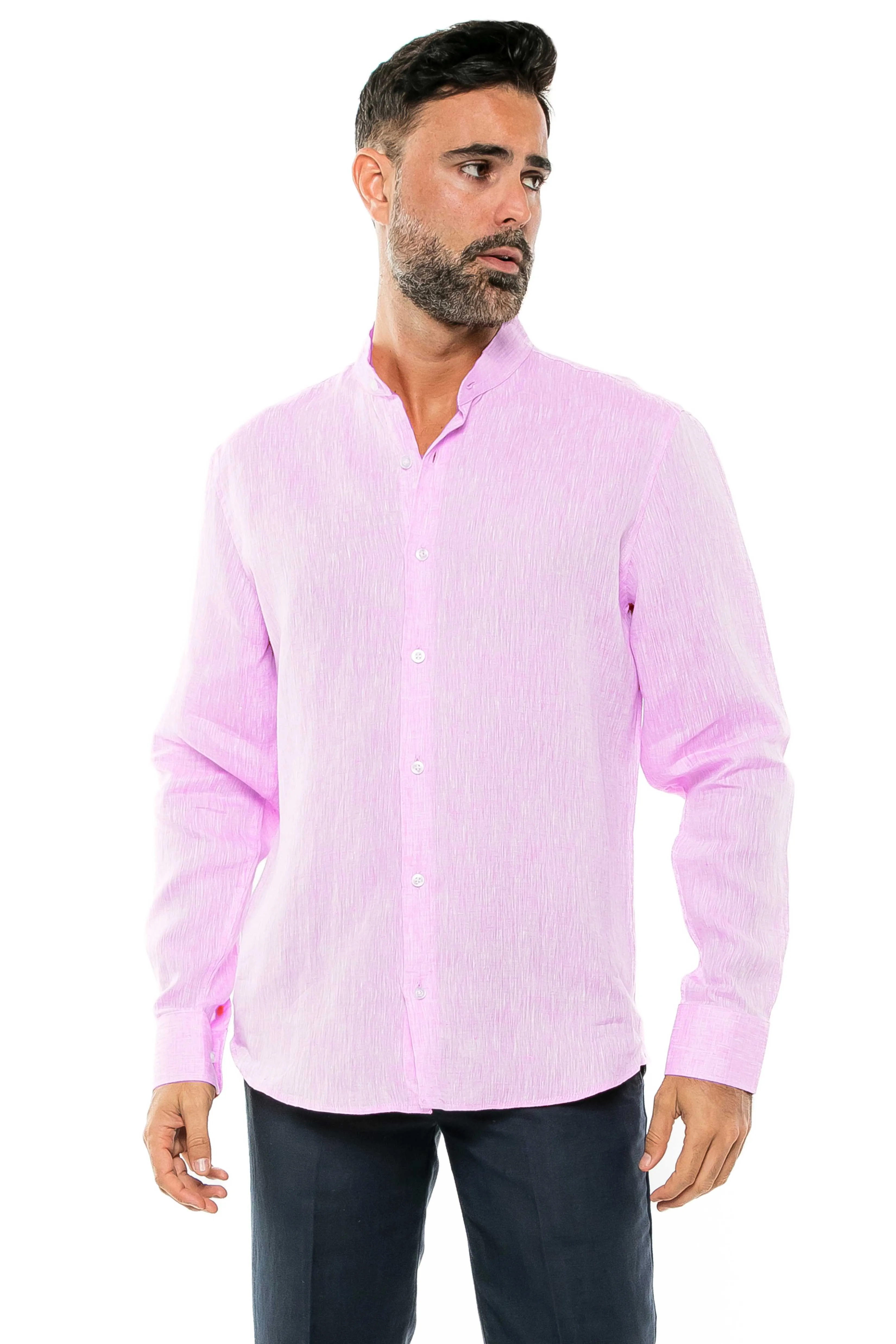 Casual Yarn Dyed Linen Mandarin Collar Long Sleeve Button Down Shirt