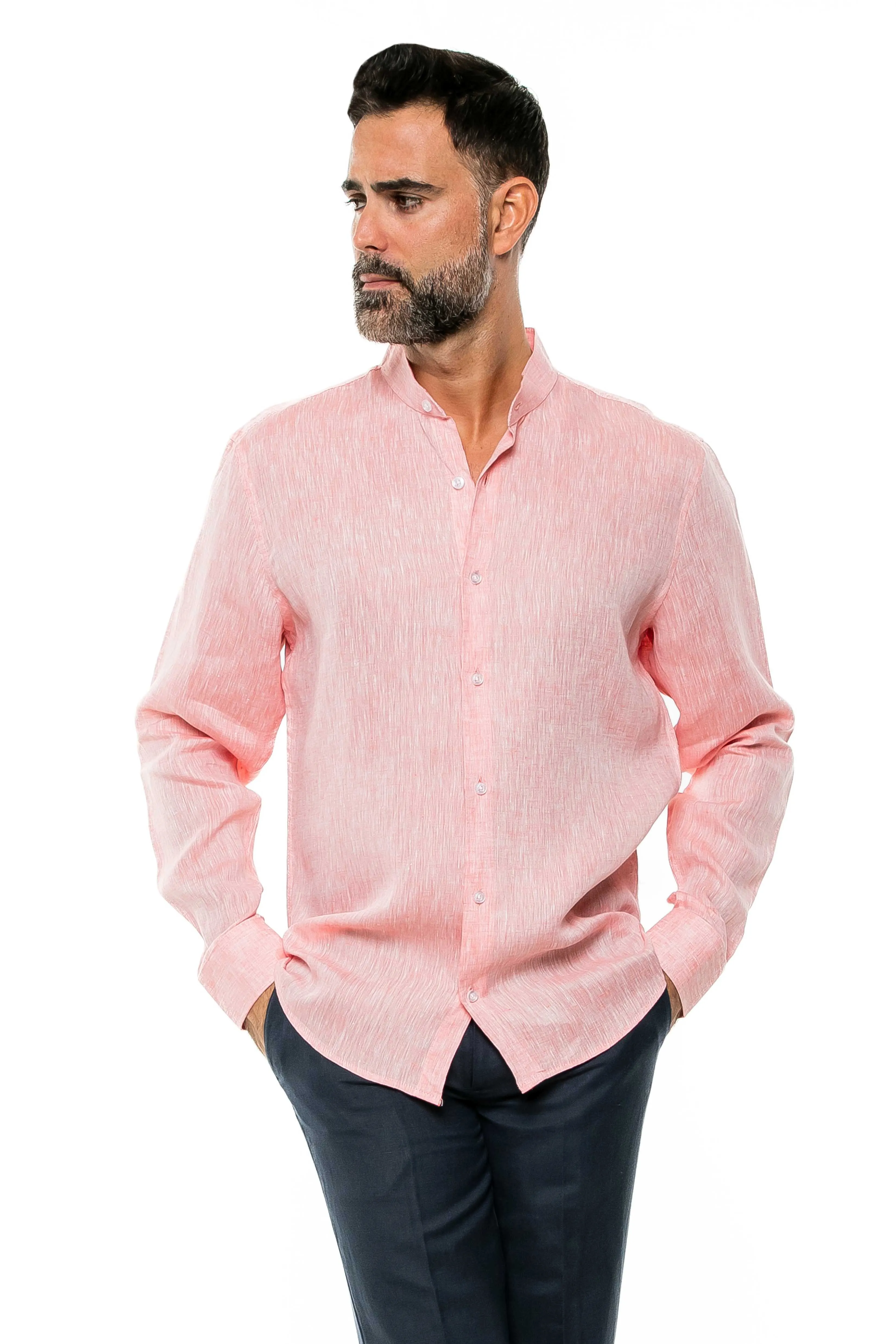 Casual Yarn Dyed Linen Mandarin Collar Long Sleeve Button Down Shirt